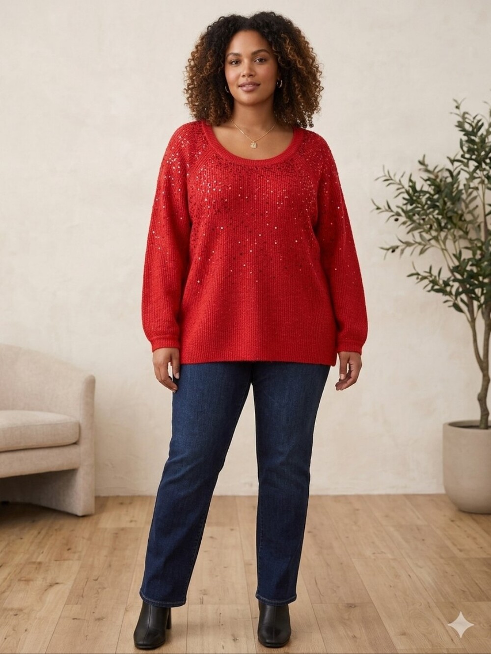 Vince Camuto Sequin-Embellished Red Scoop Neck Sweater NWT